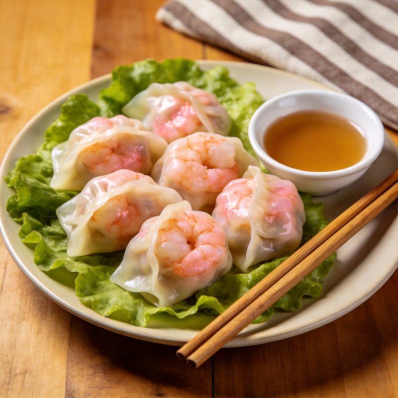 虾仁蒸饺配蘸酱图片