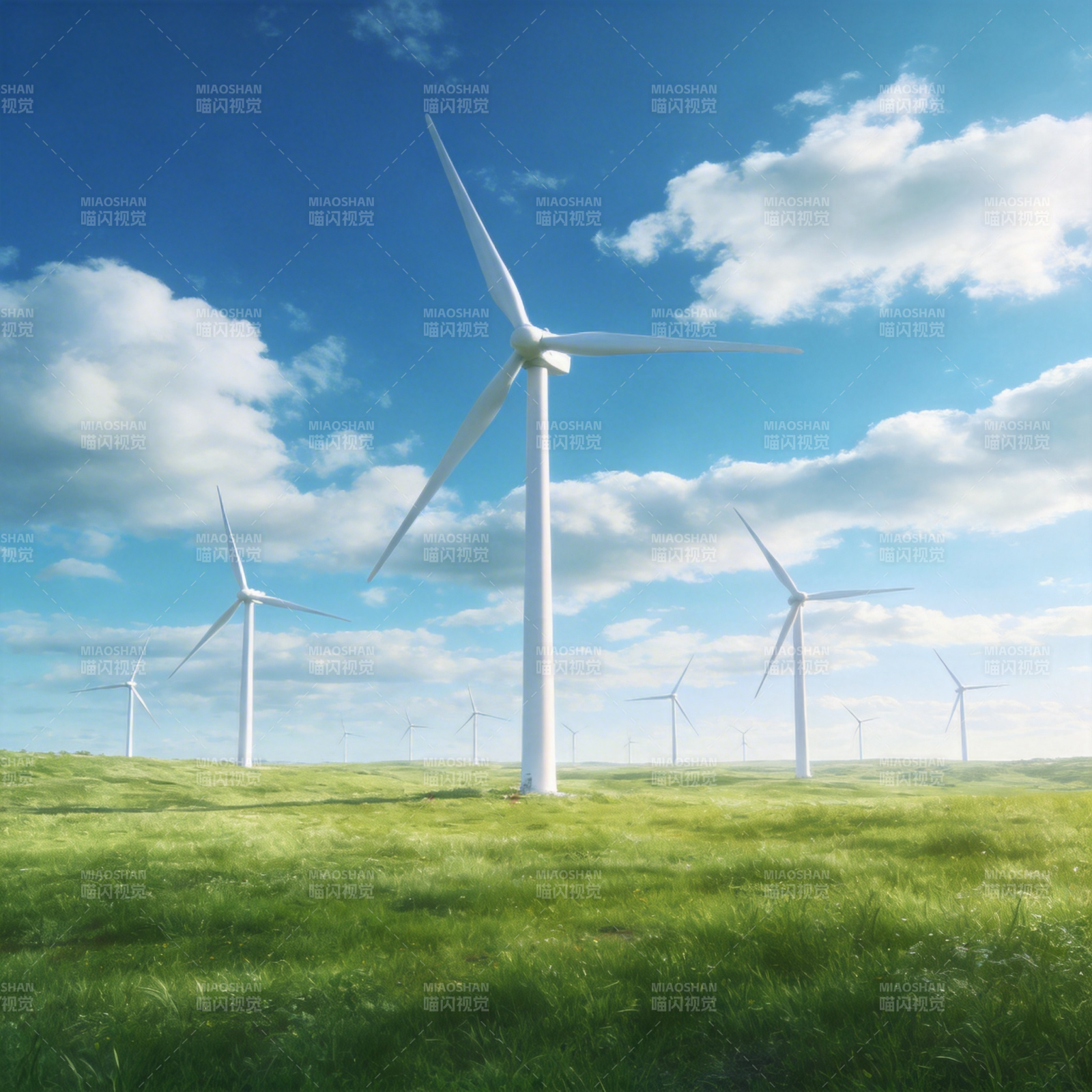 风车绿野蓝天图片