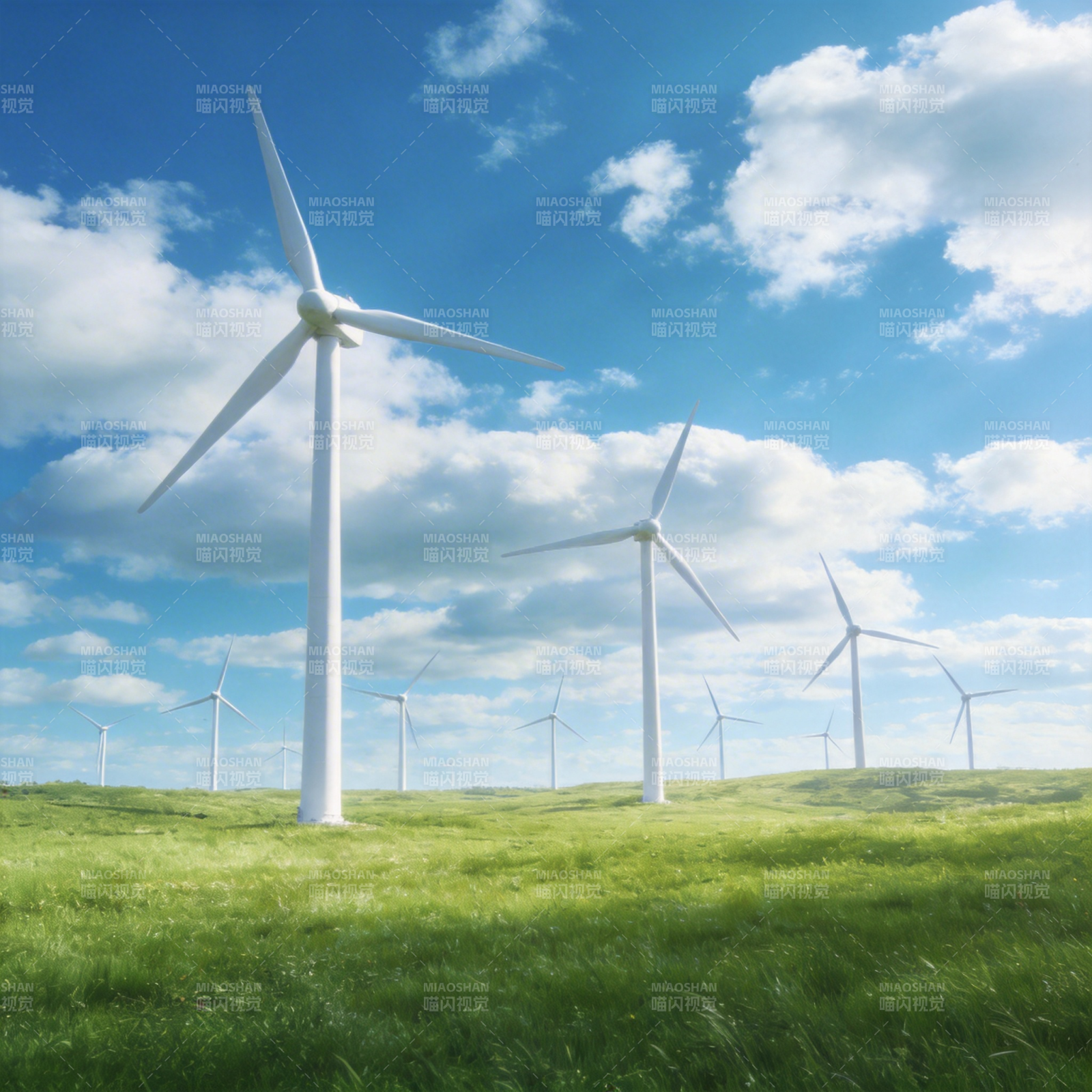 风车绿野蓝天图片