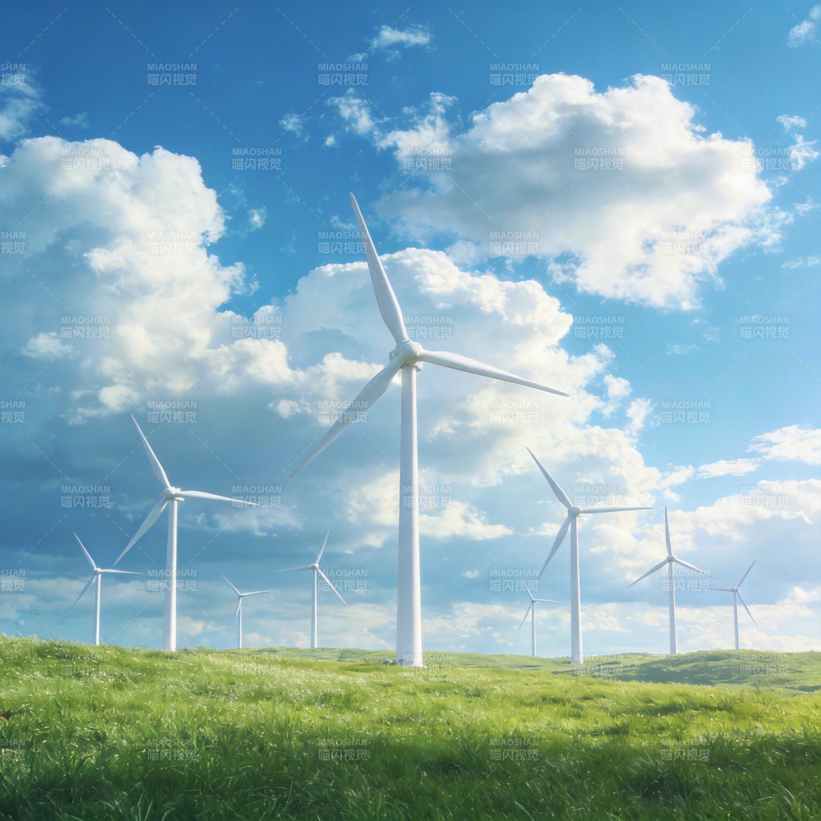 风车绿野蓝天图片