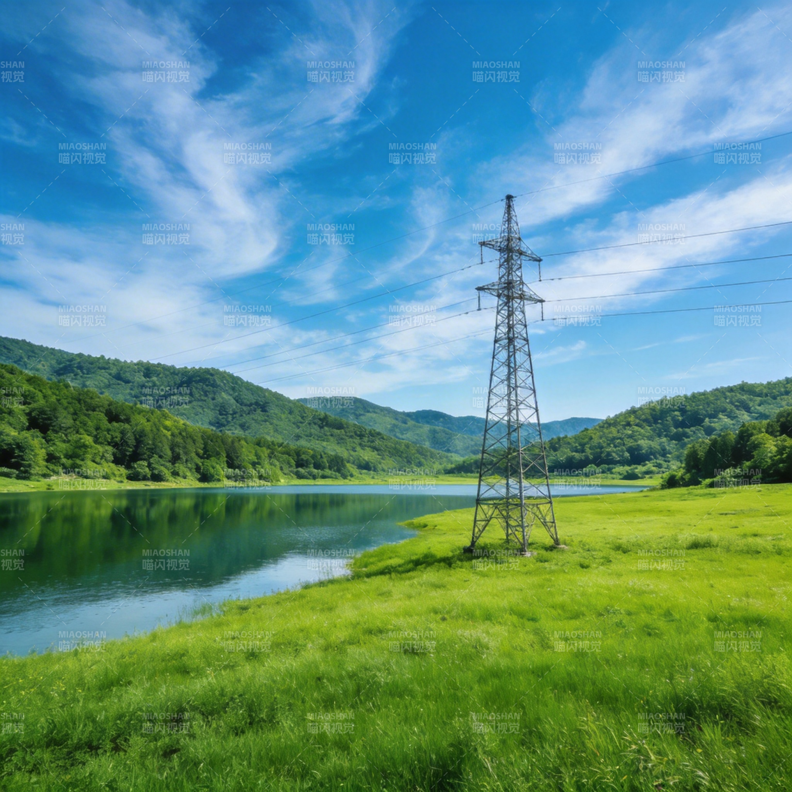 湖畔电塔绿野图片