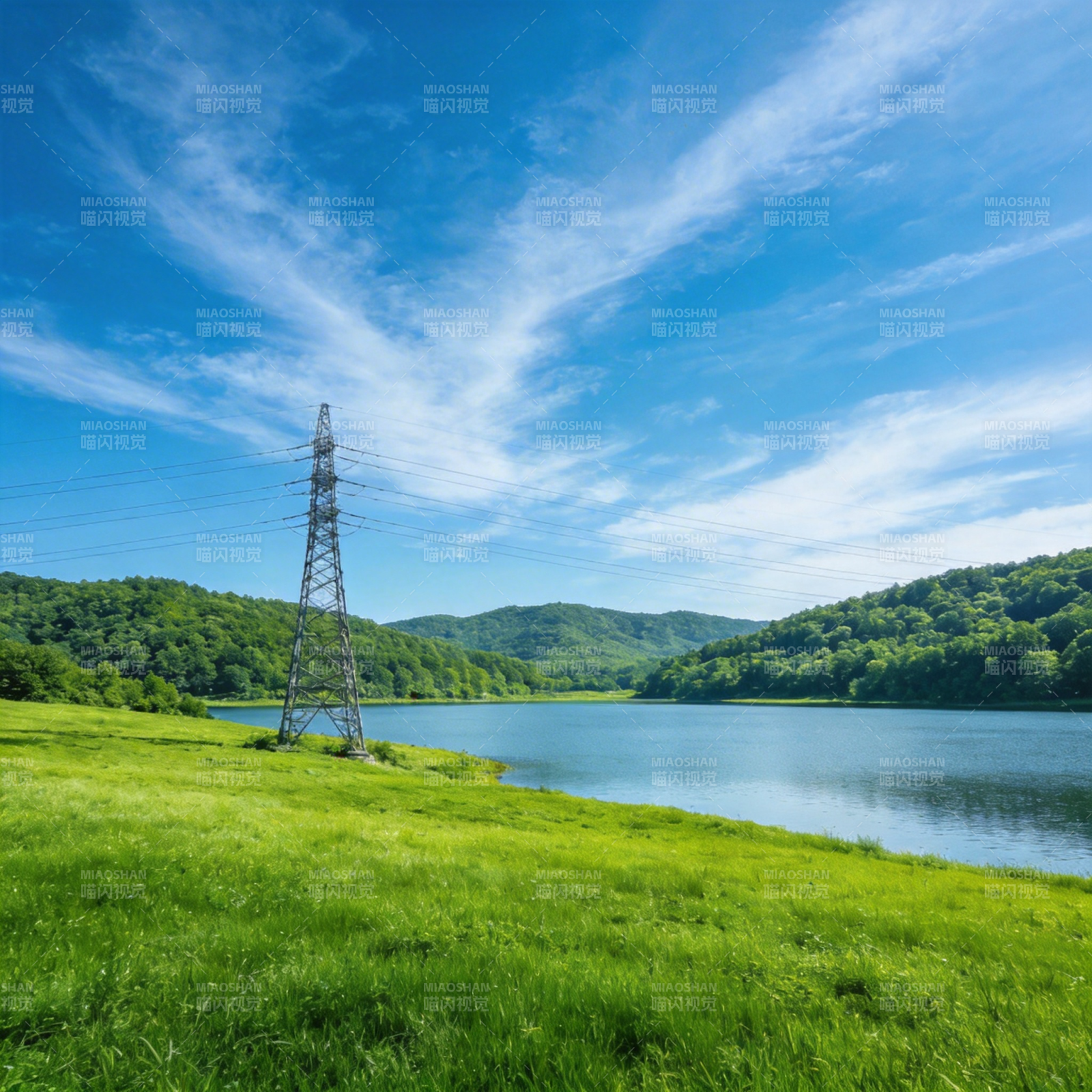 湖畔绿野电塔图片