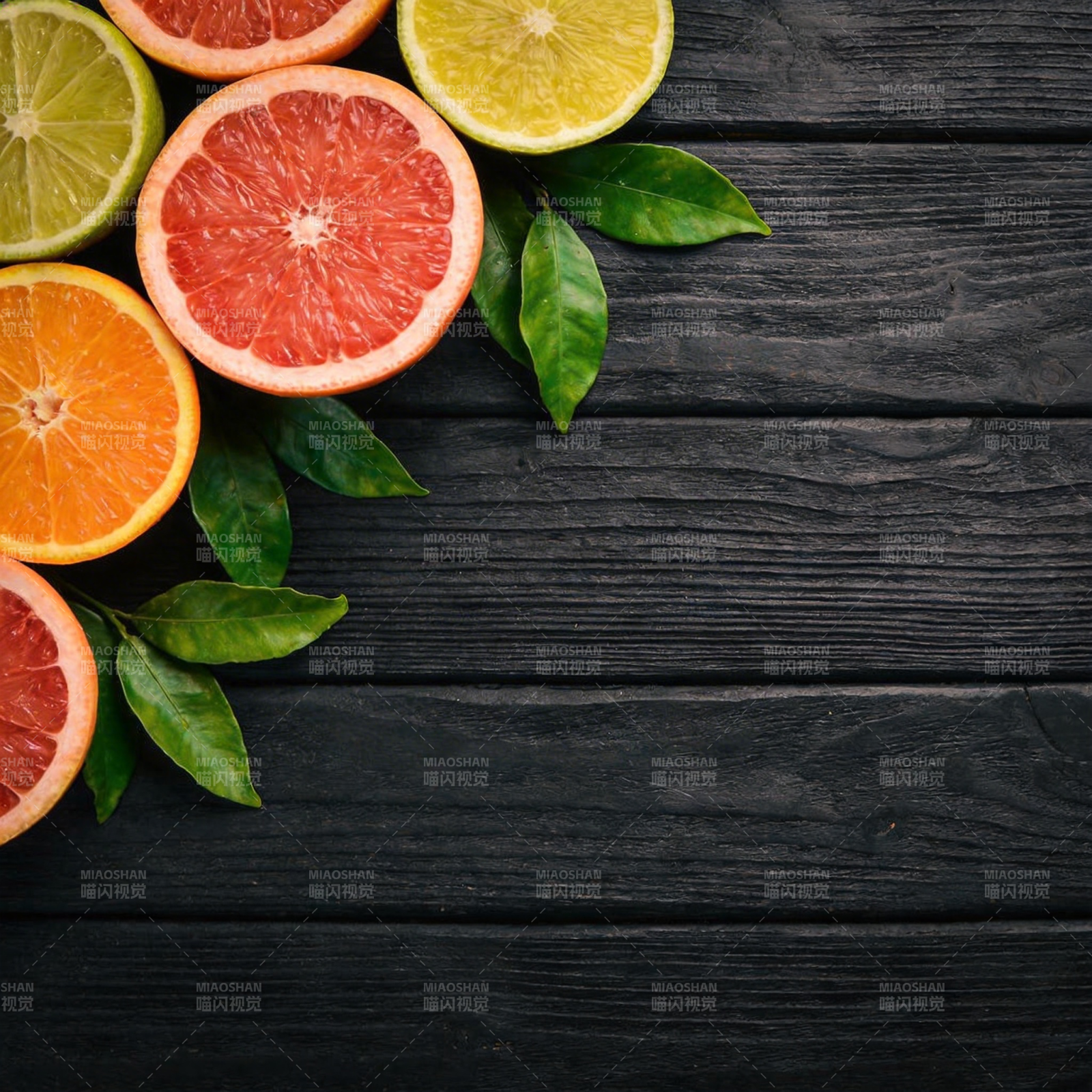 柑橘切片与绿叶图片