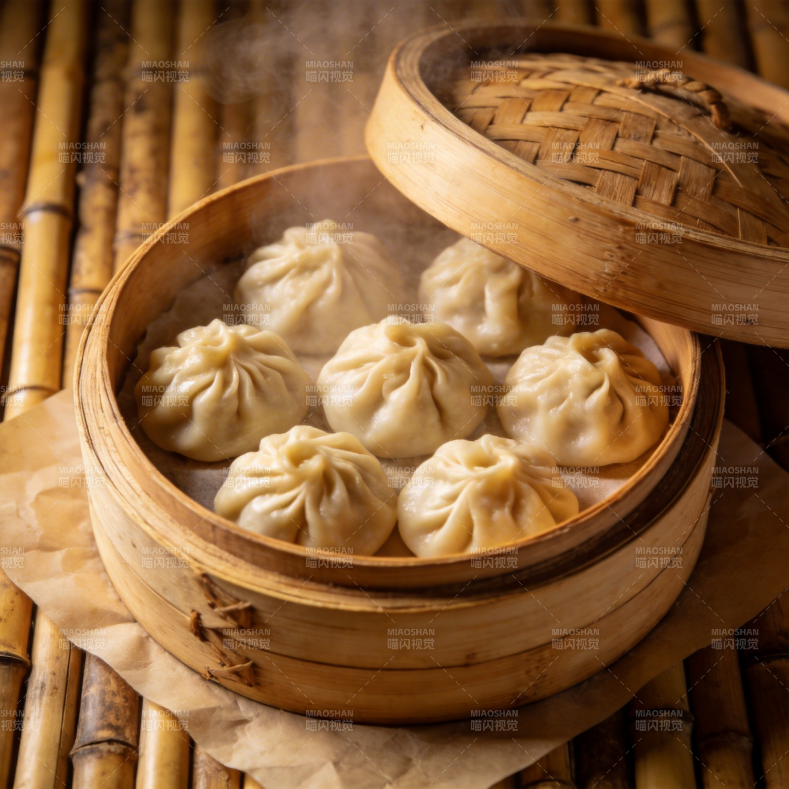 竹蒸笼里的小笼包图片