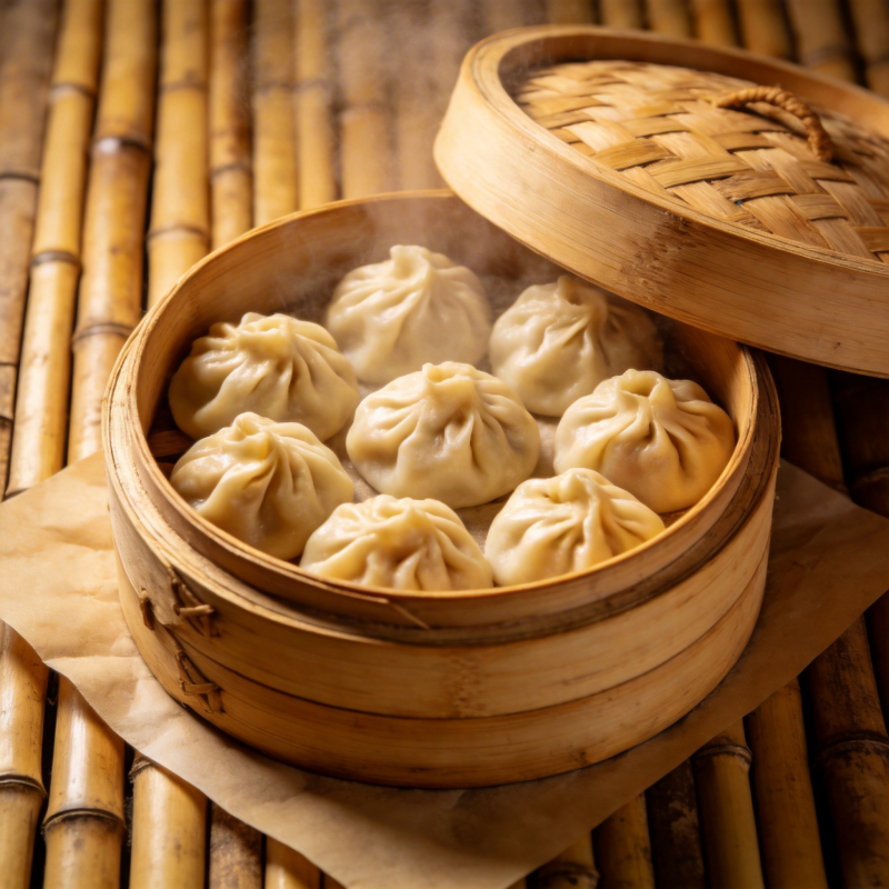 竹蒸笼里的小笼包图片