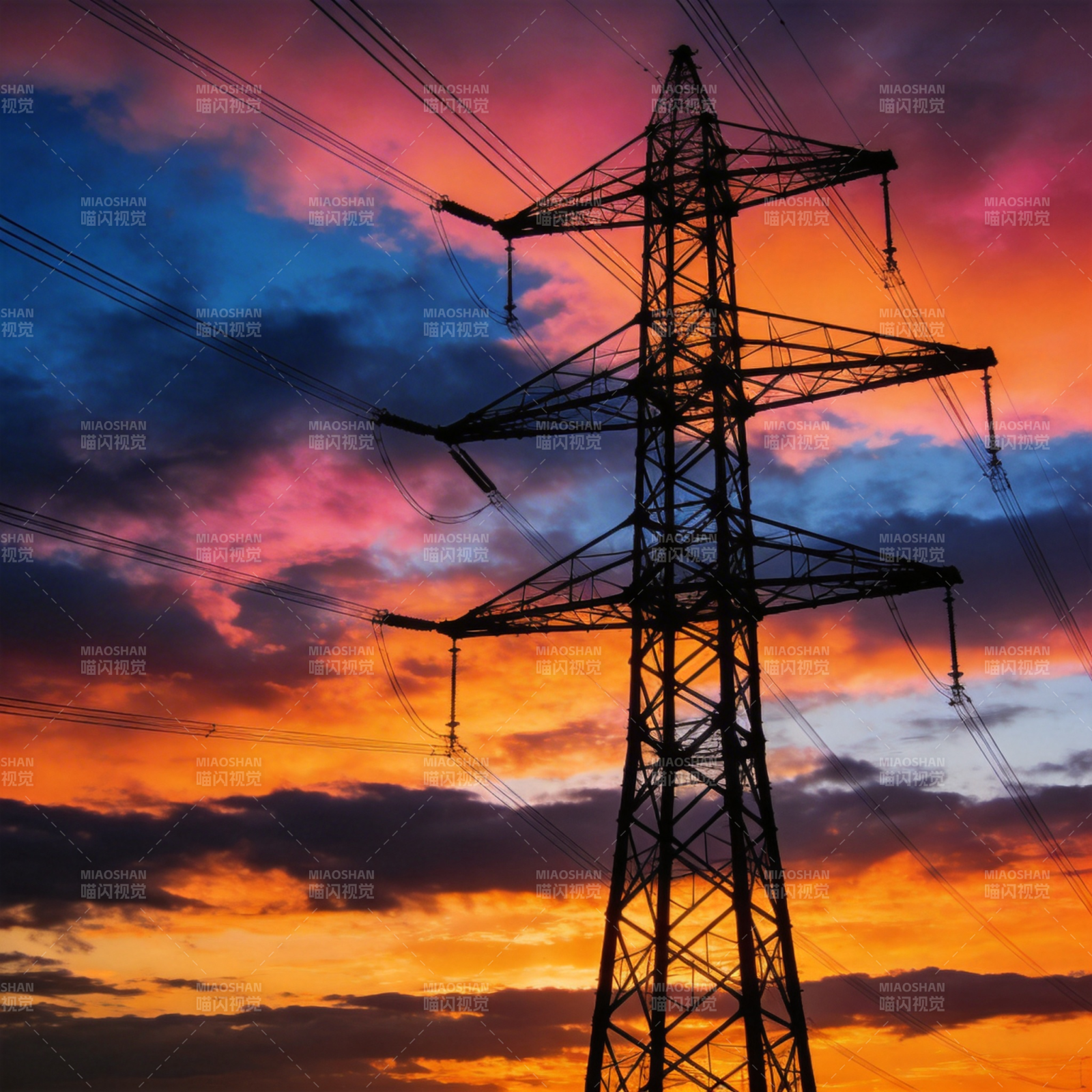 电力塔剪影日落图片