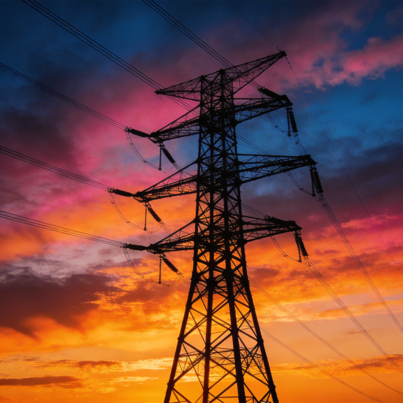 电塔剪影映晚霞图片