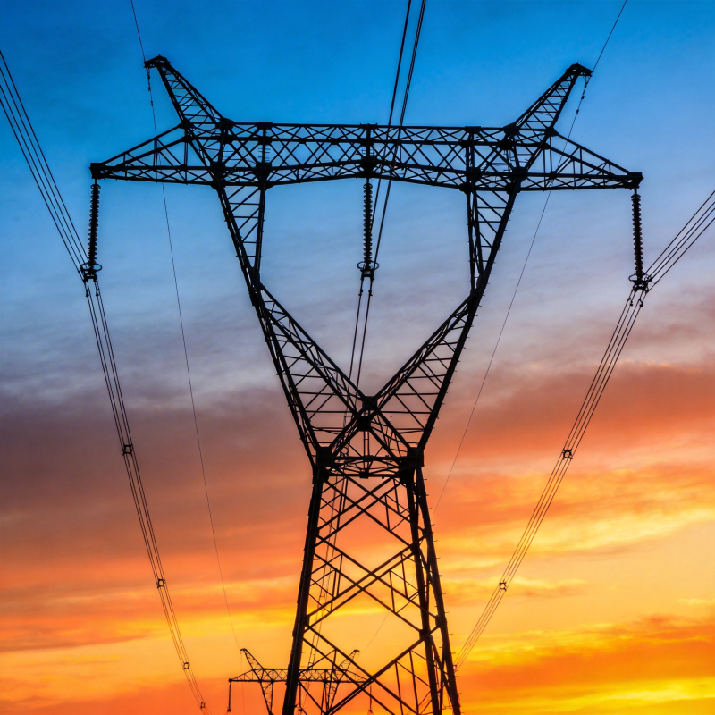 电塔剪影映晚霞图片