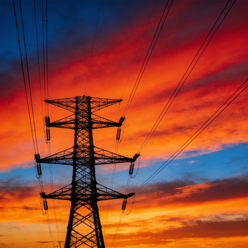 电塔剪影映晚霞图片