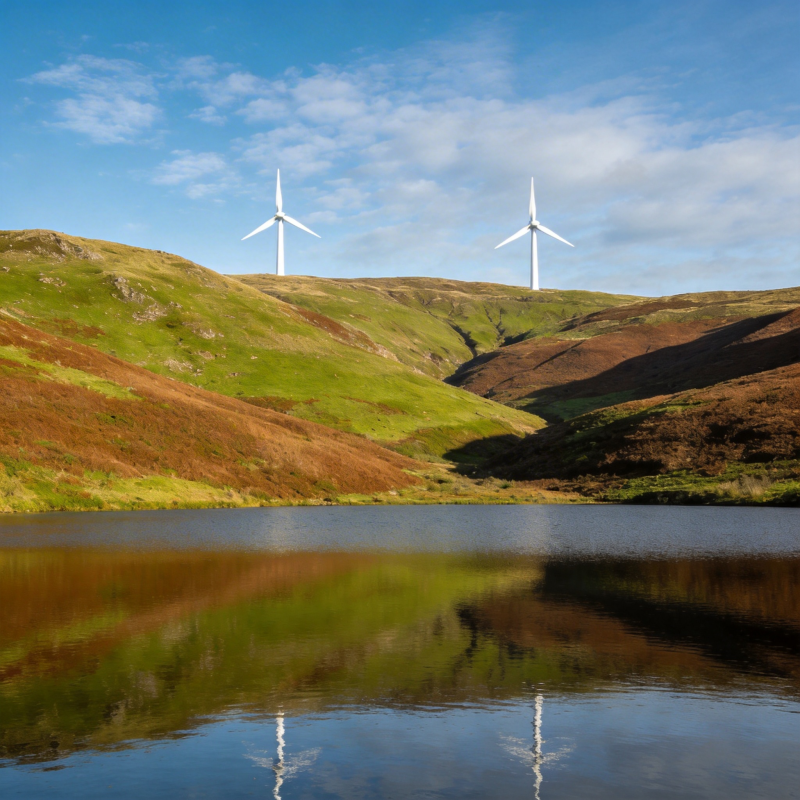 风车映湖景图片
