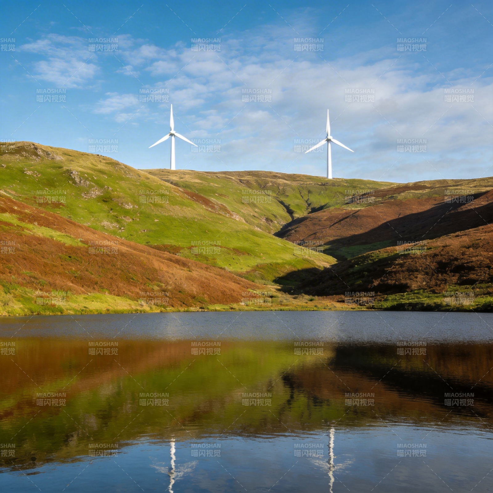 风车映湖景图片