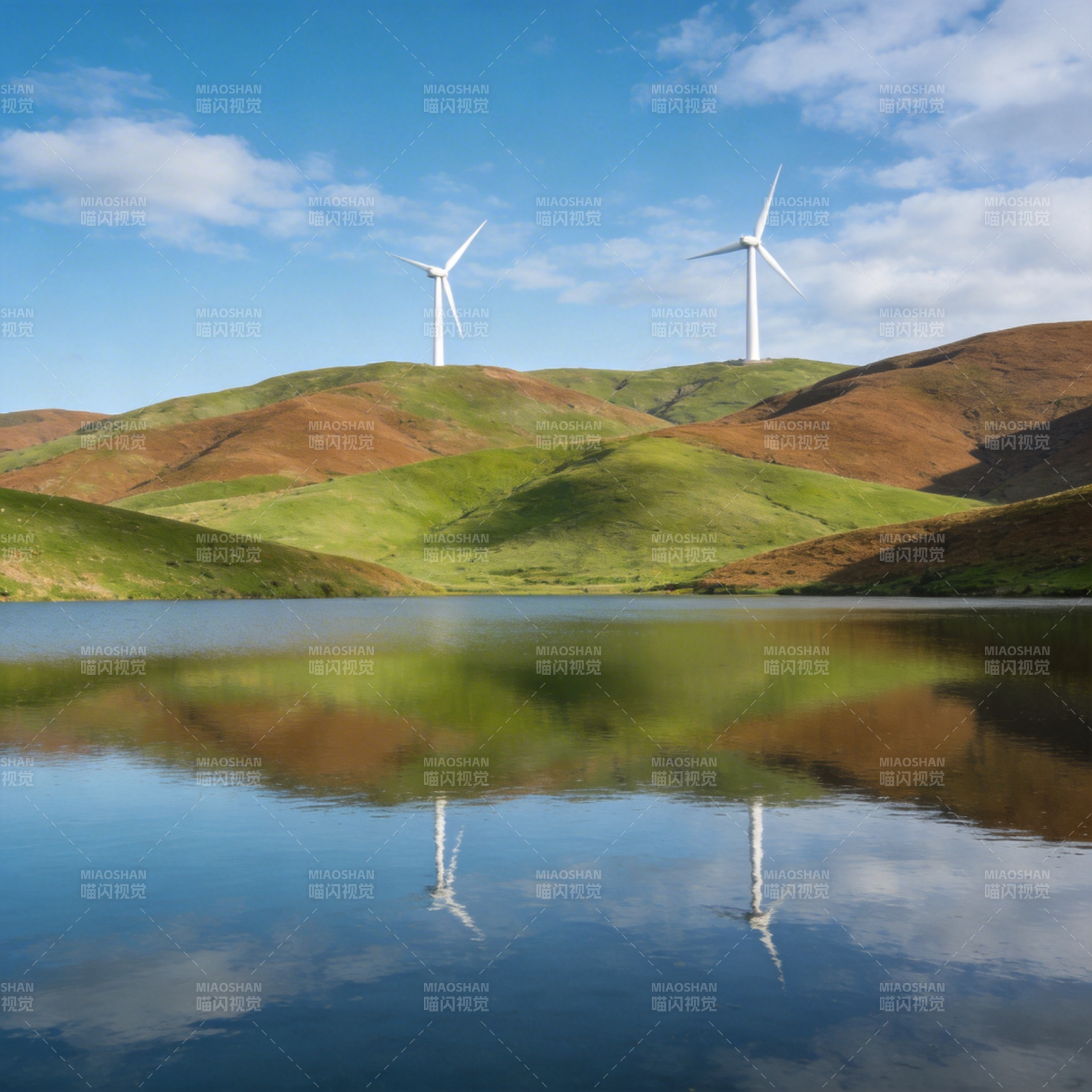 风车映湖光图片