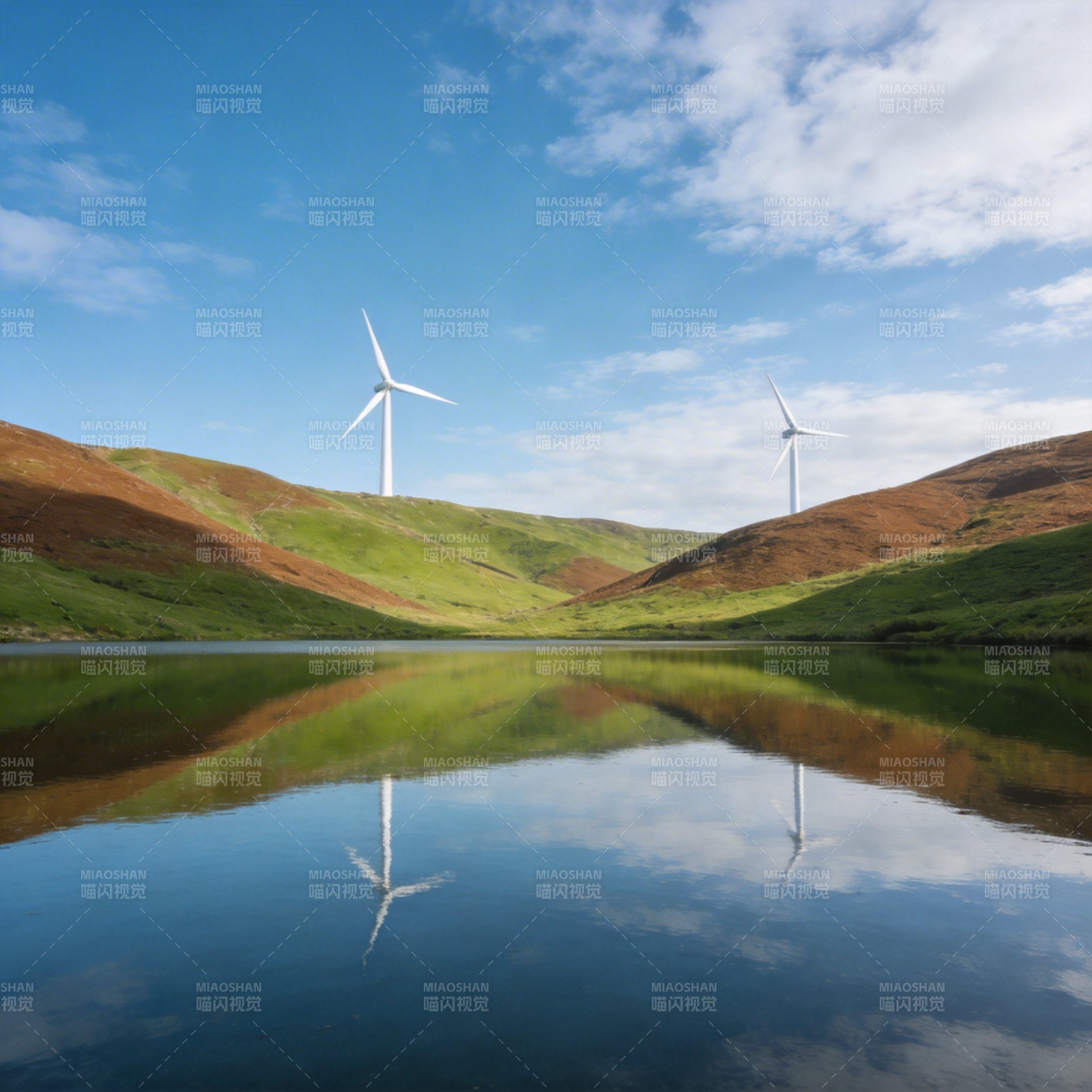 风车倒影湖光山色图片