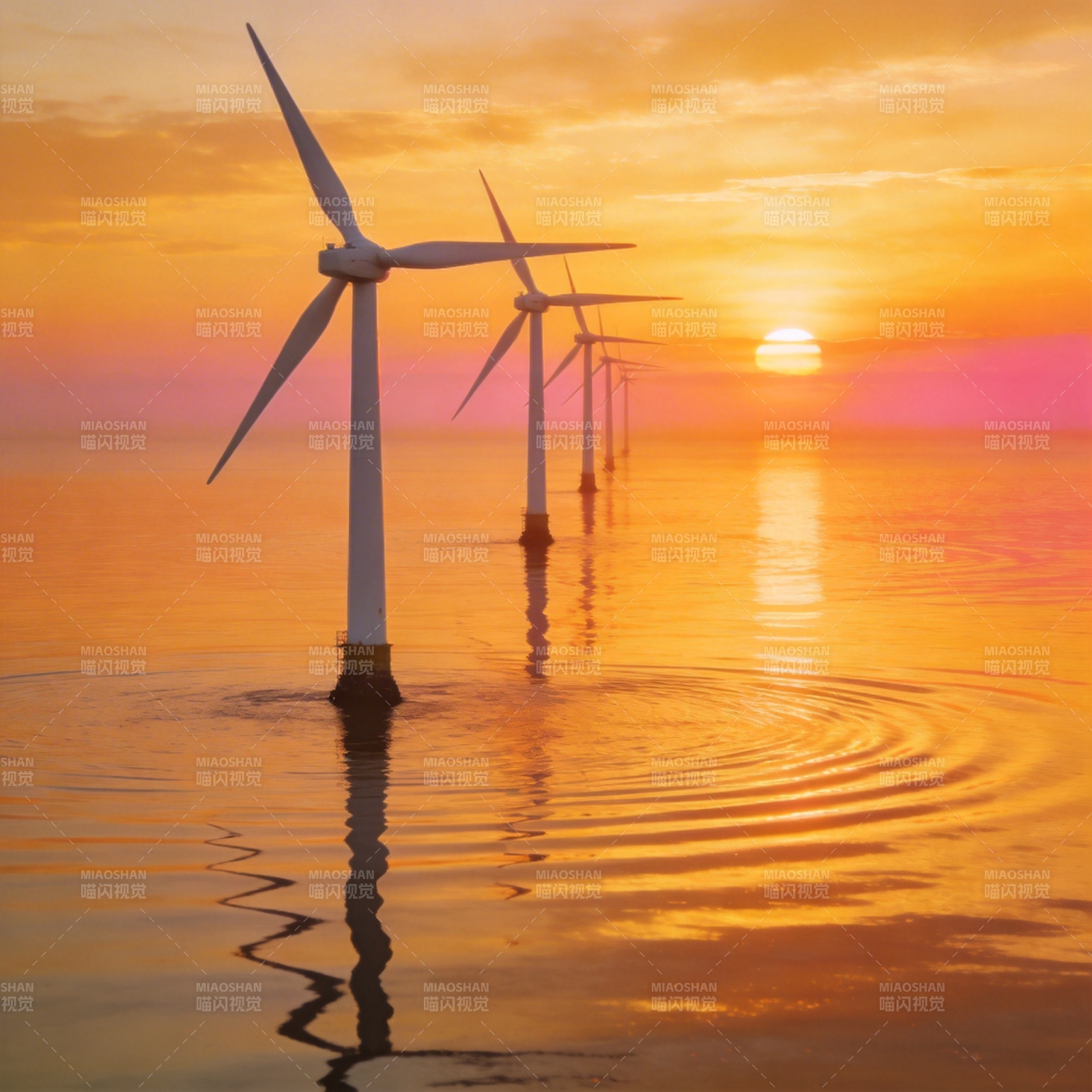 海上风车日落图片