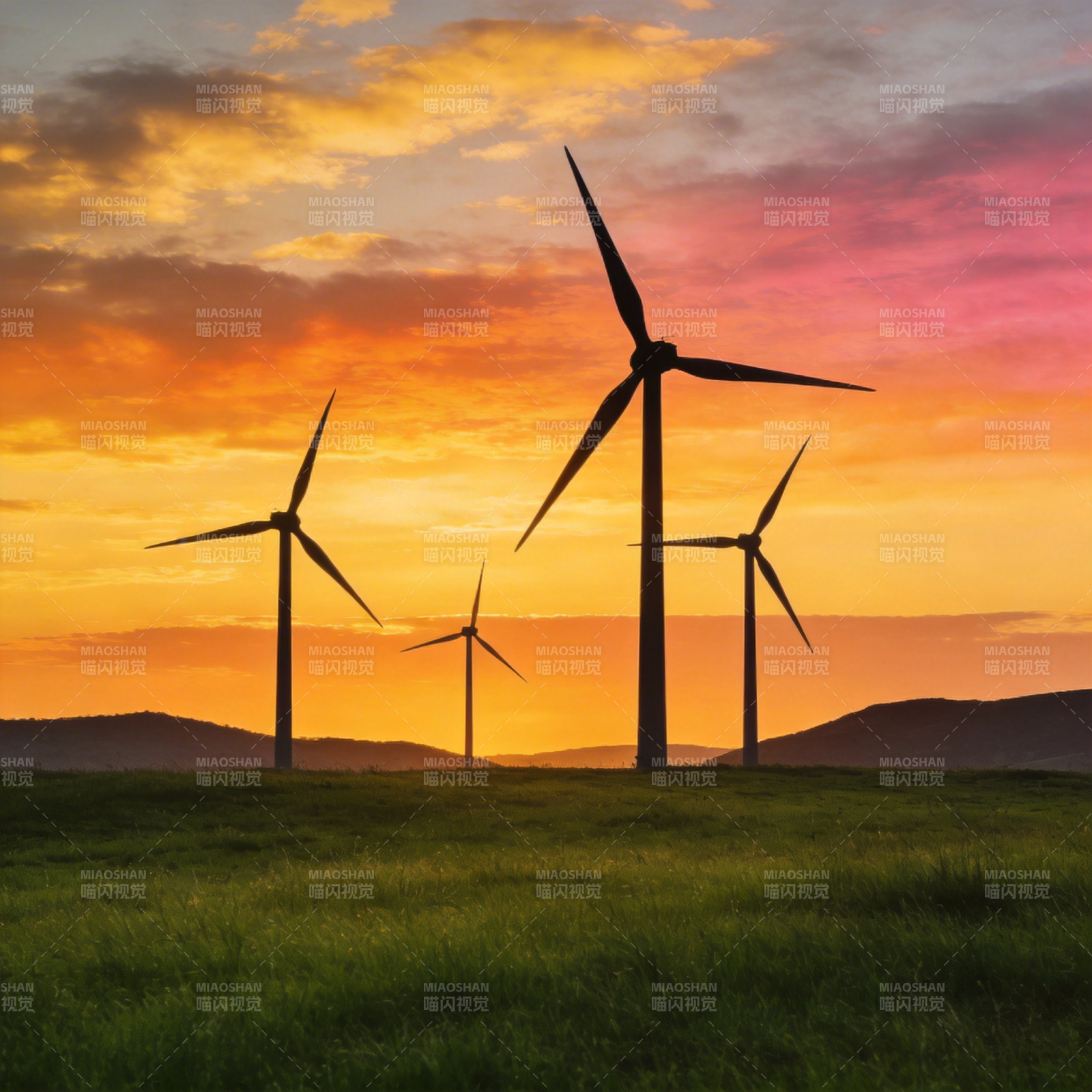 风车剪影夕阳下图片