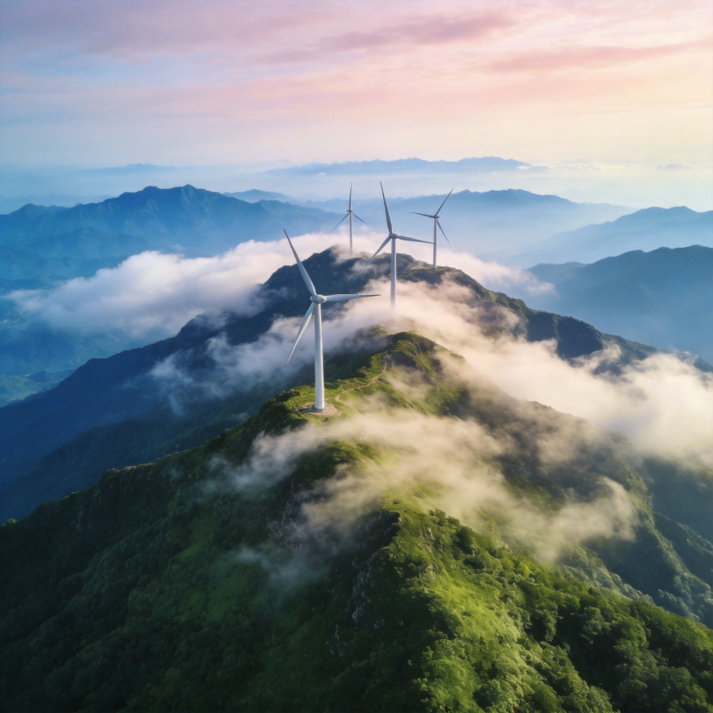 山巅风车云海图片