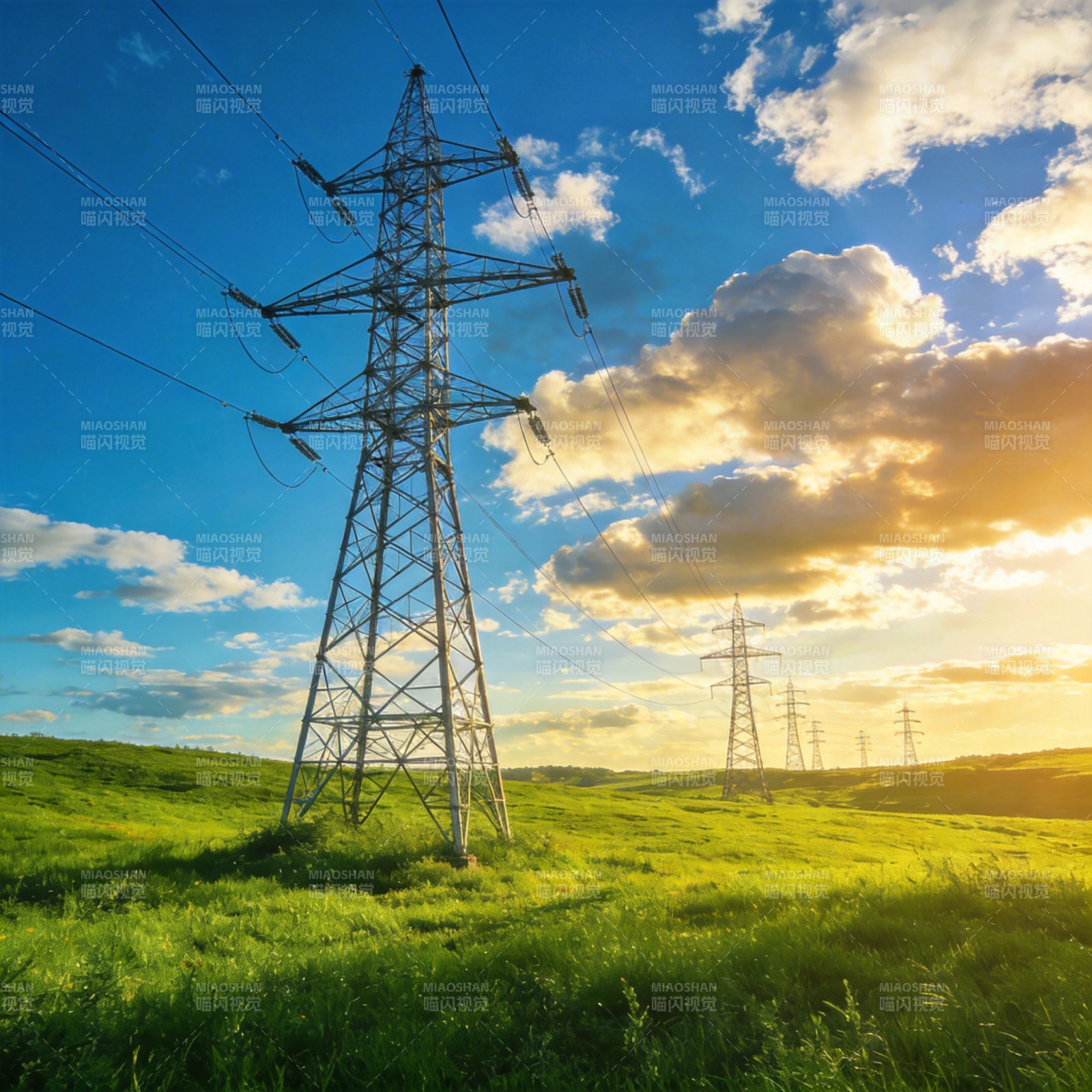 电塔映日 绿野生辉图片