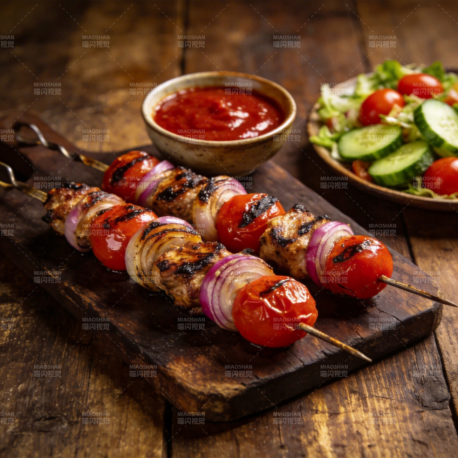 烤肉串配蔬菜沙拉图片