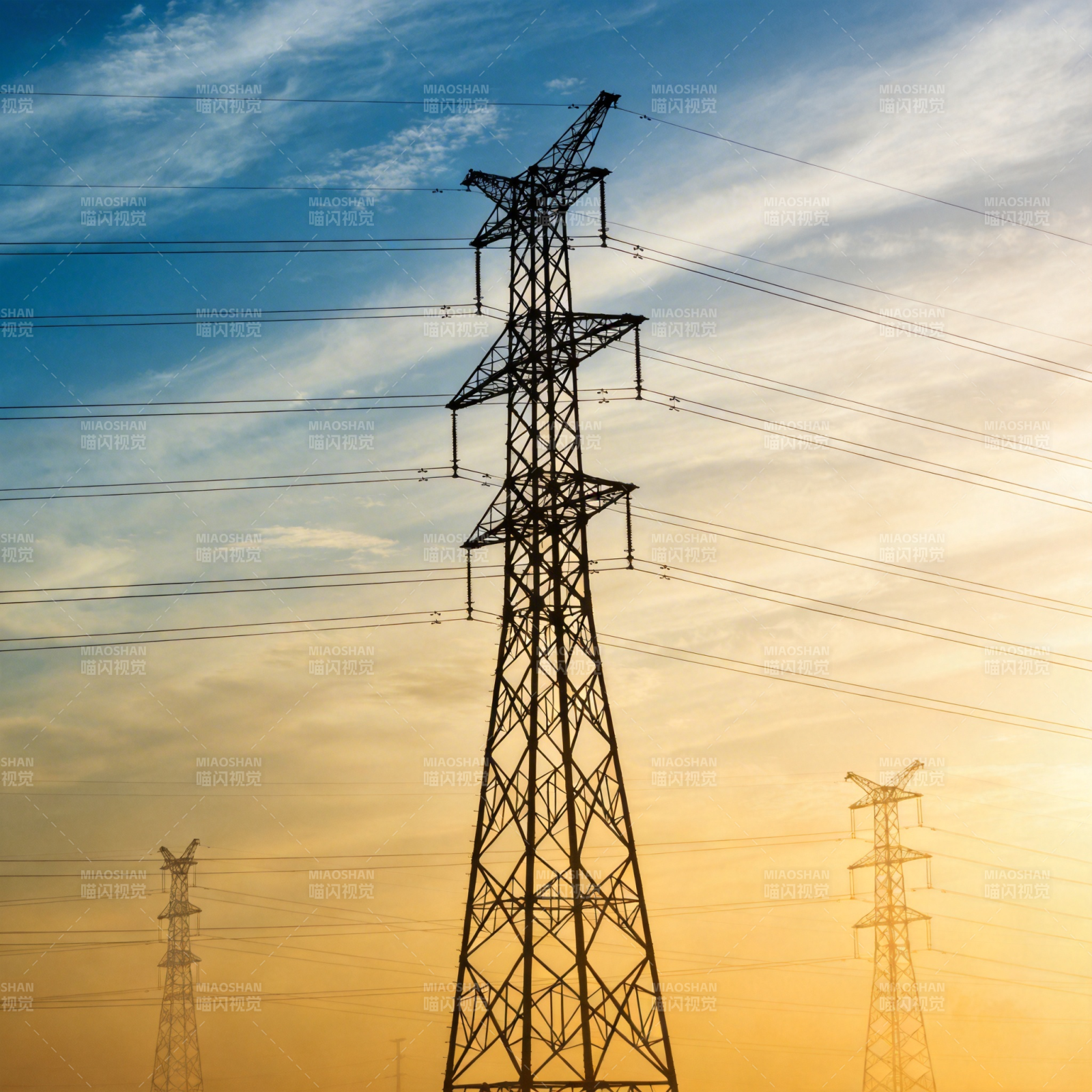 电力塔剪影日落图片
