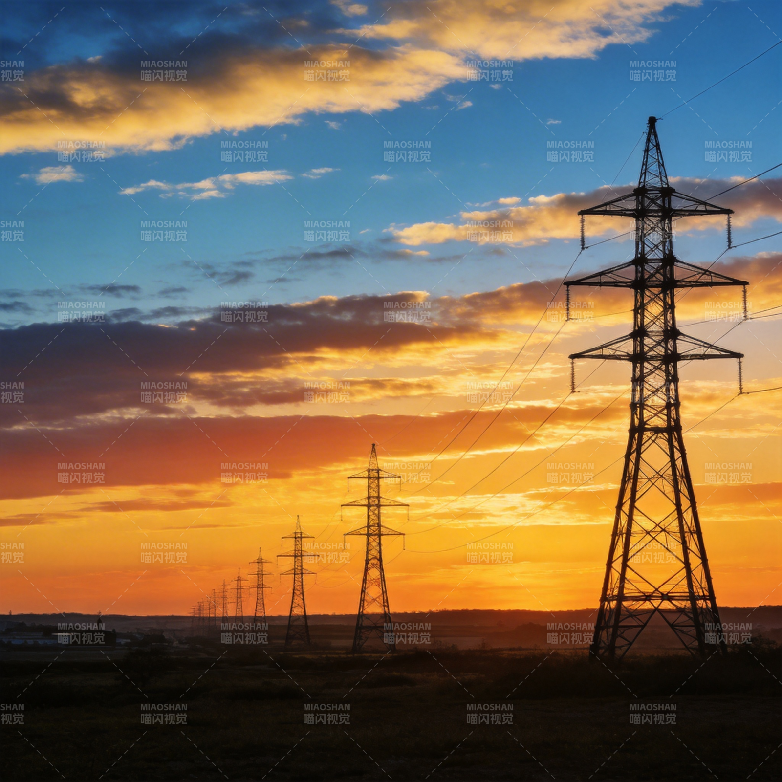 夕阳下的输电塔图片