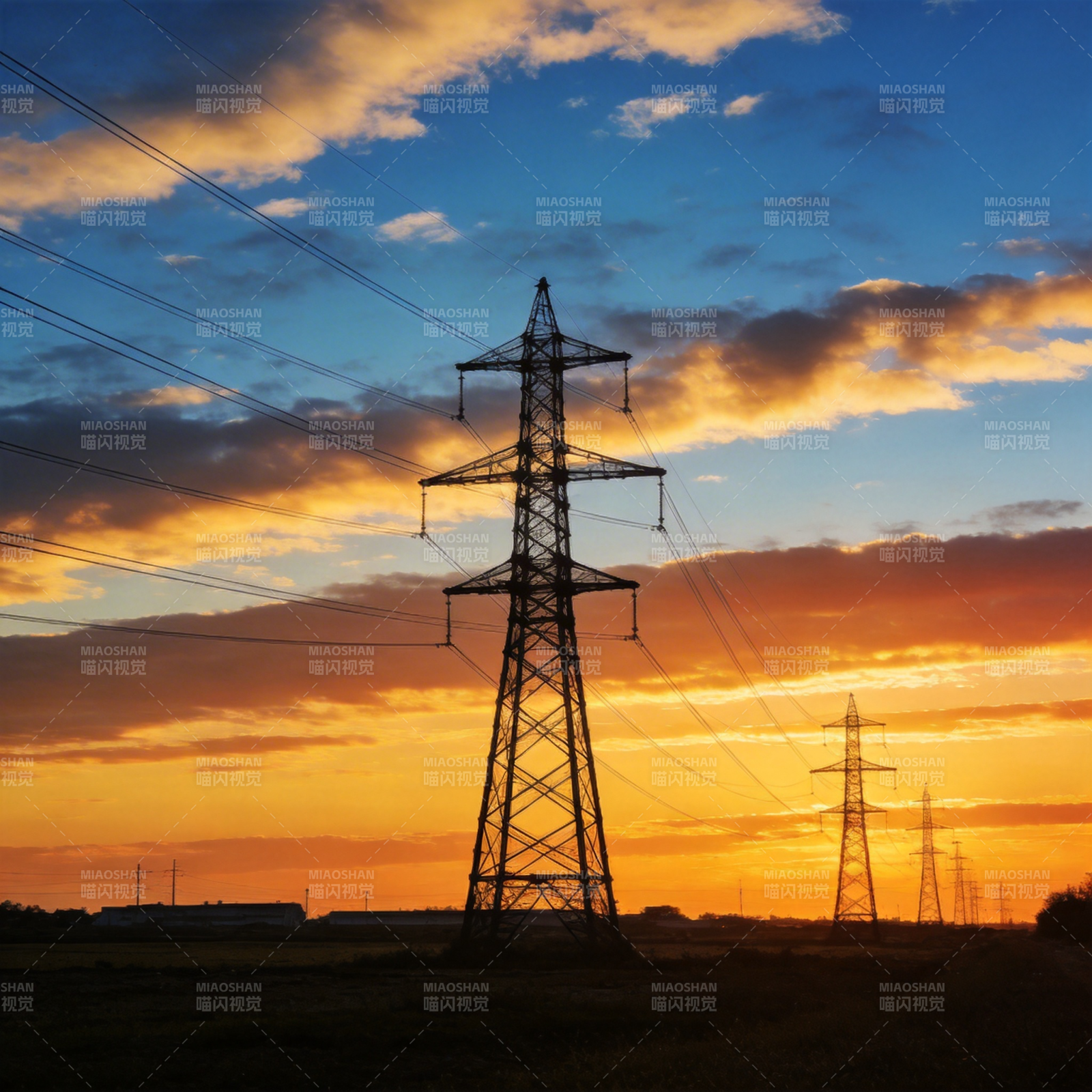 夕阳下的电力塔图片