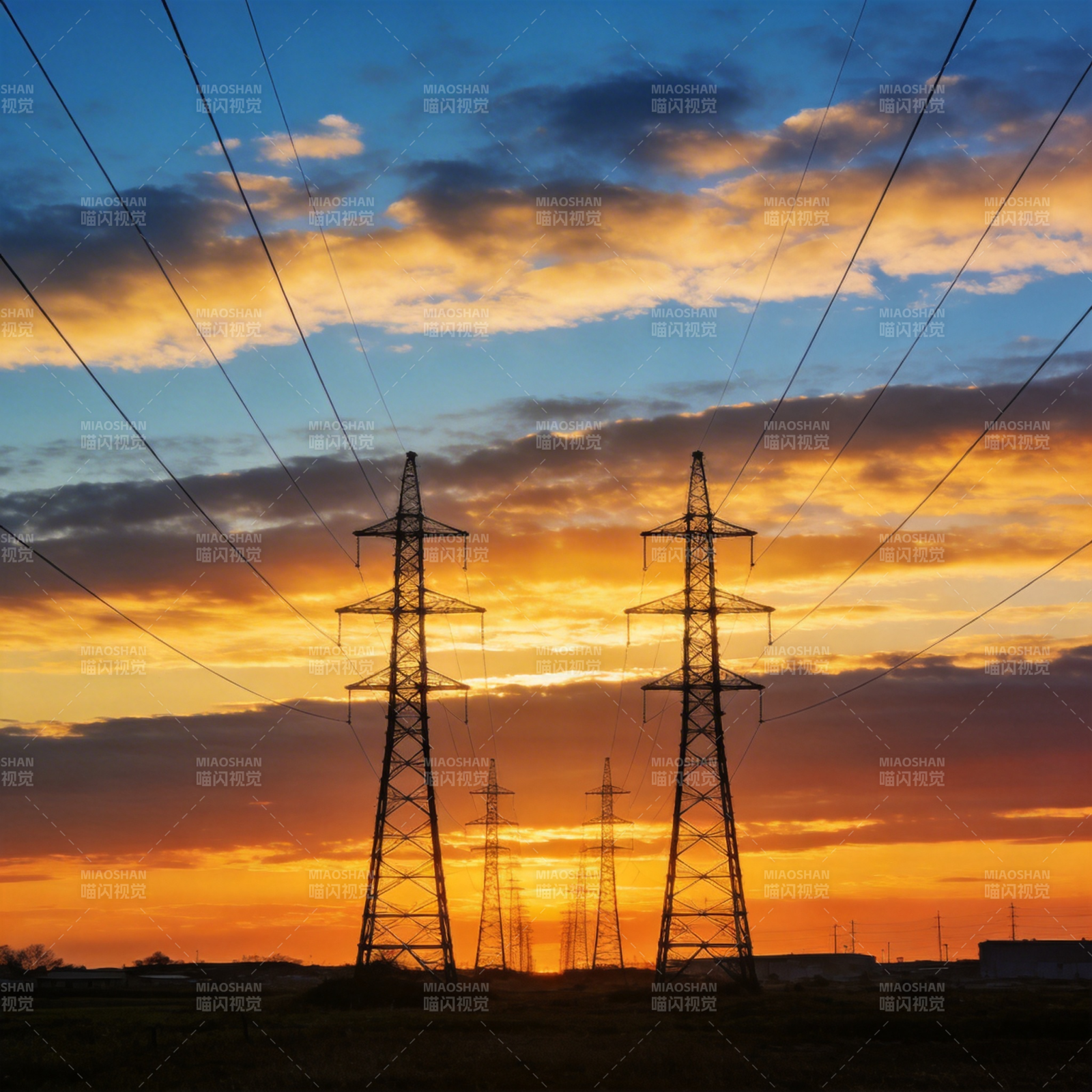 夕阳下的电力塔图片