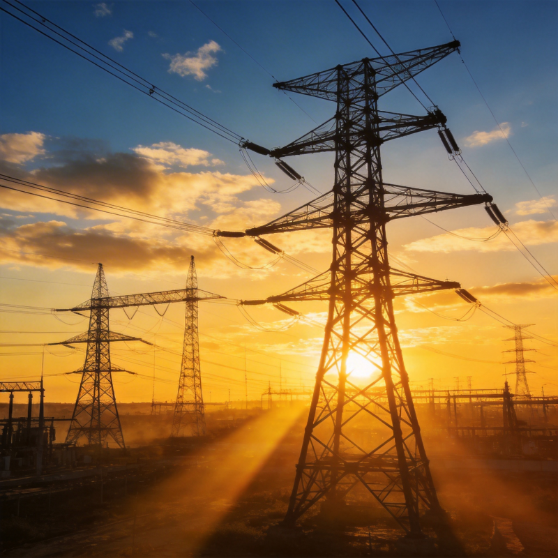 夕阳下的电力塔图片