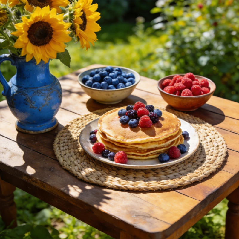 花园早餐 煎饼与浆果图片