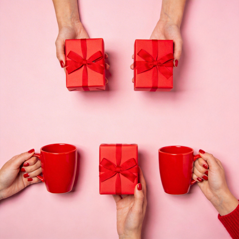 红礼盒与咖啡杯图片