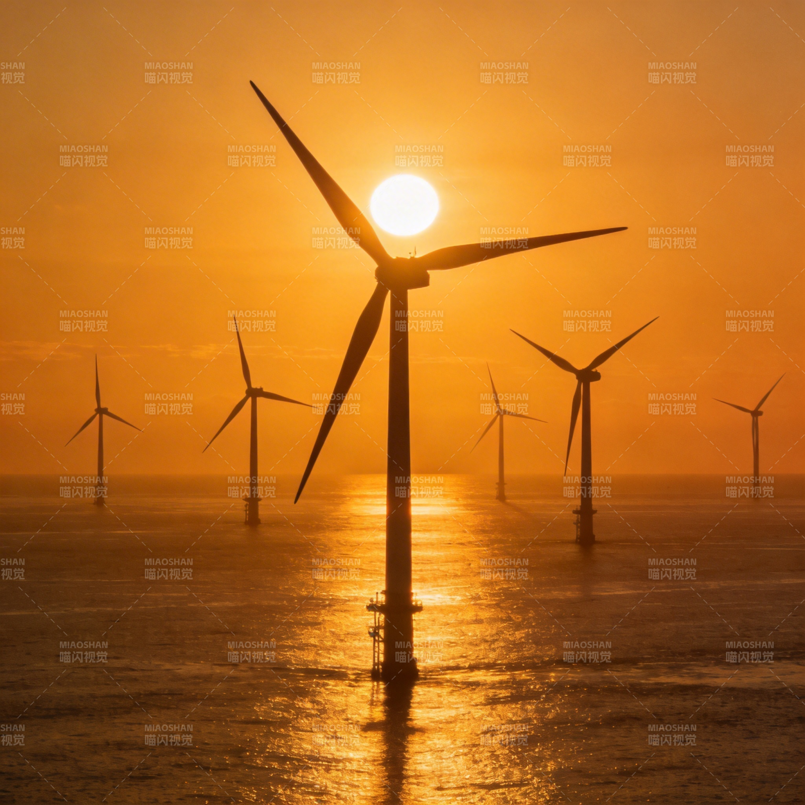 海上风车日落图片