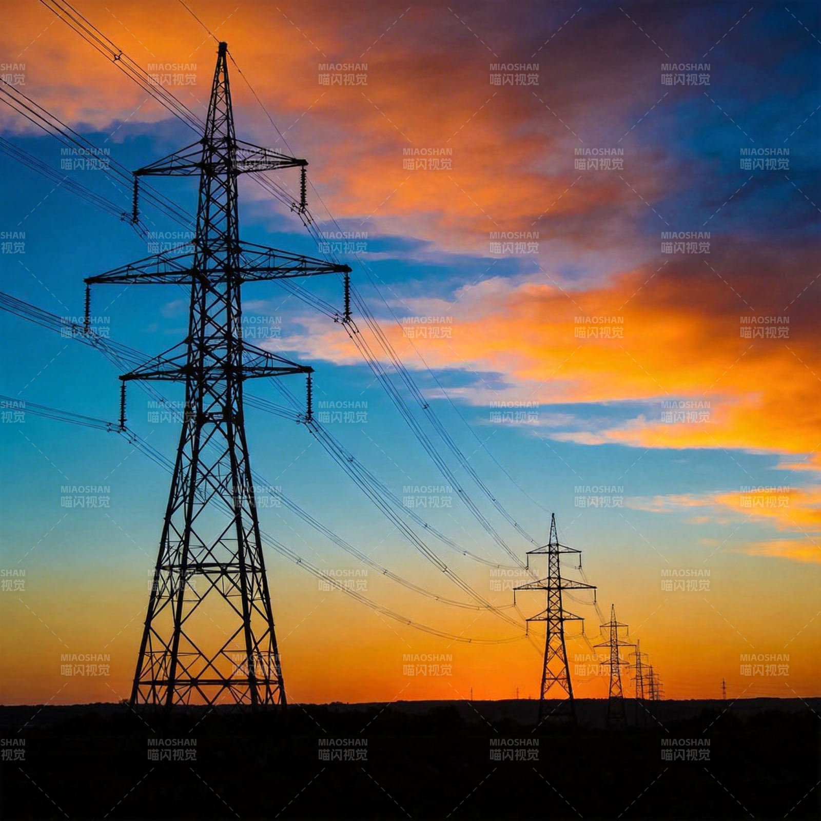 夕阳下的电力塔图片