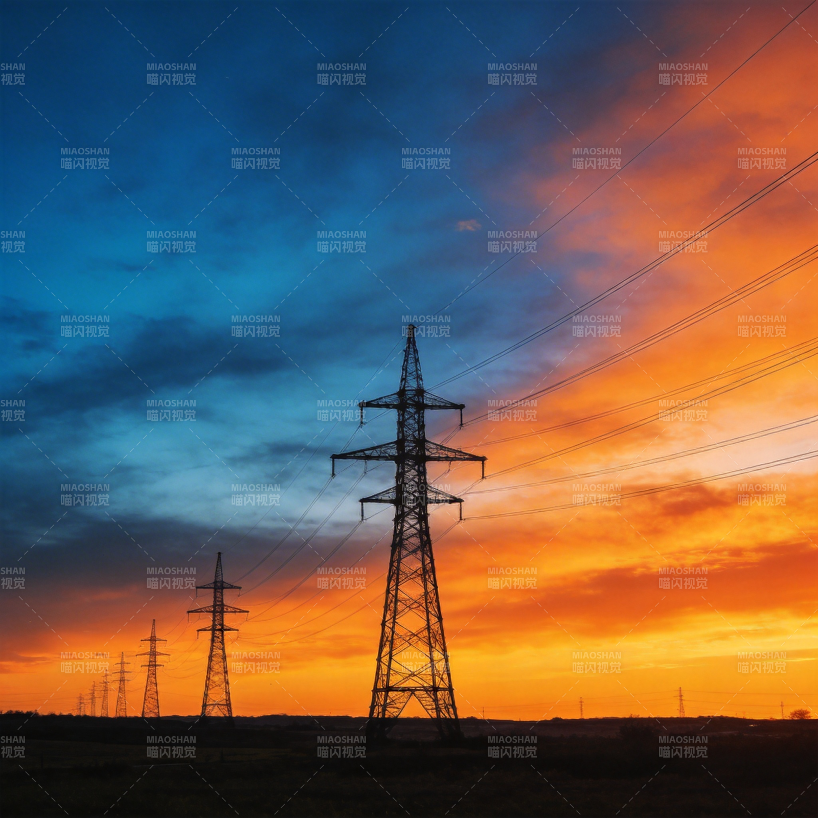 电塔剪影夕阳下图片