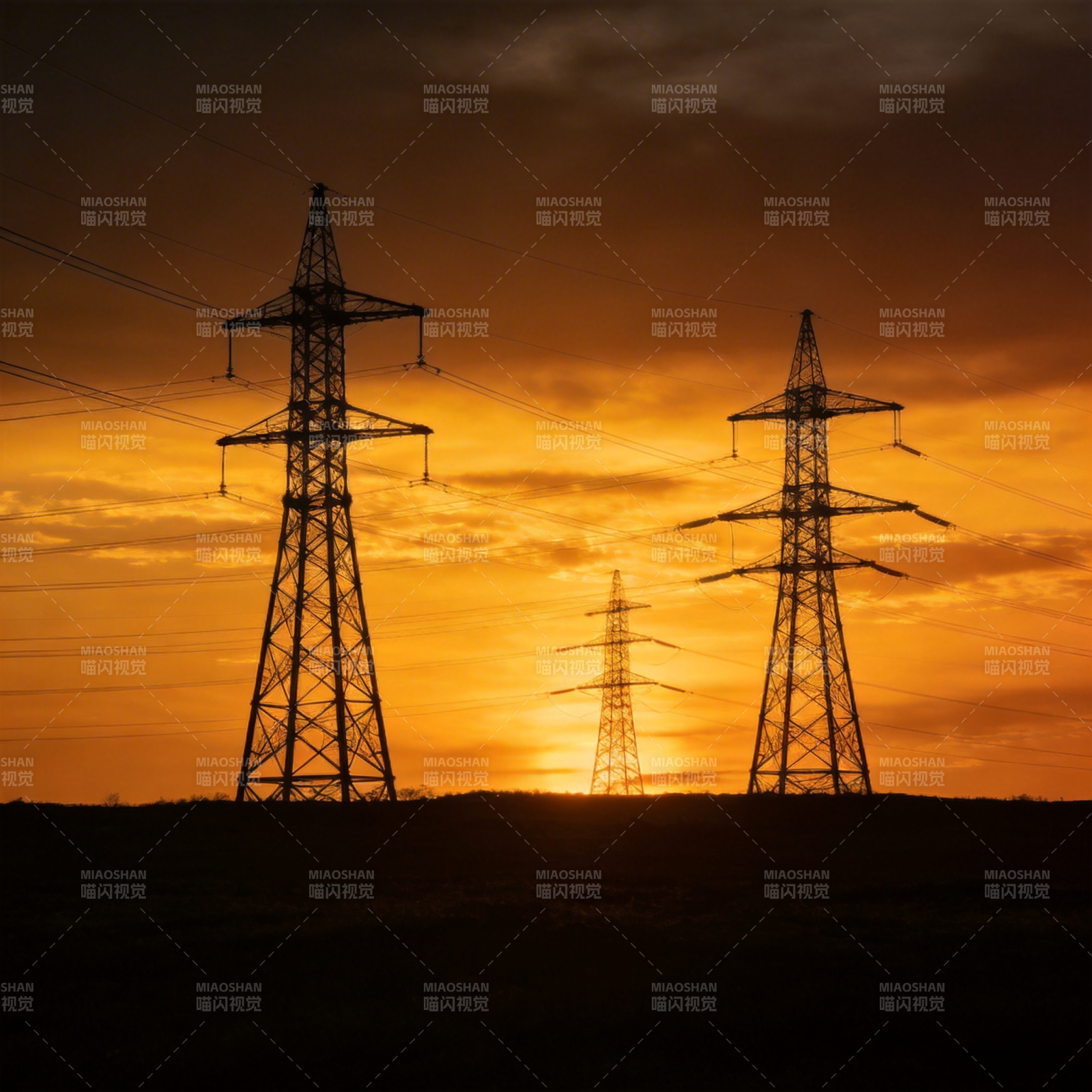 夕阳下的电力塔图片