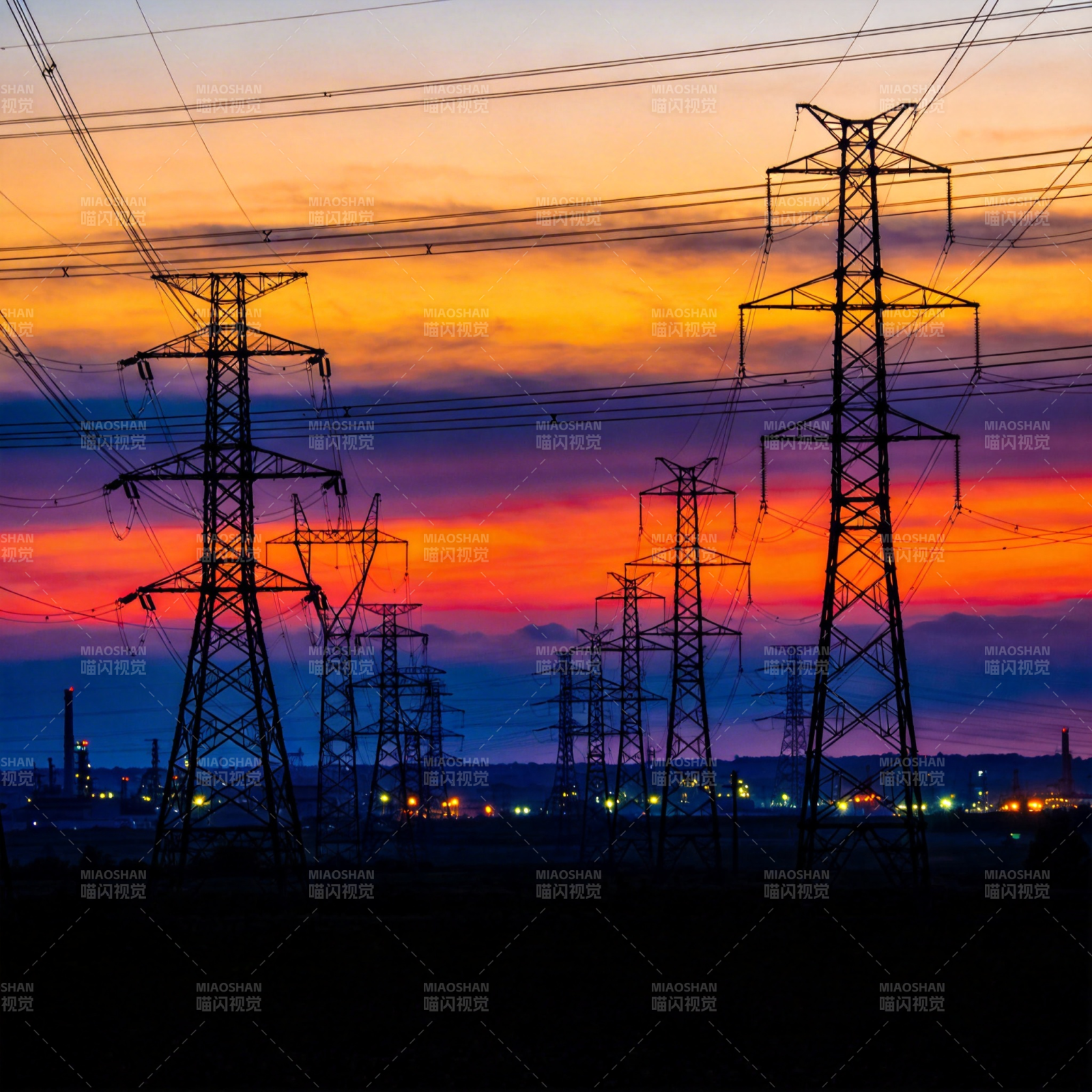 夕阳下的电力塔图片