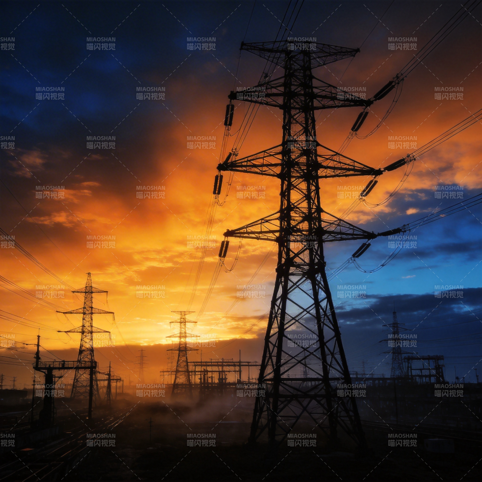 电塔剪影夕阳下图片