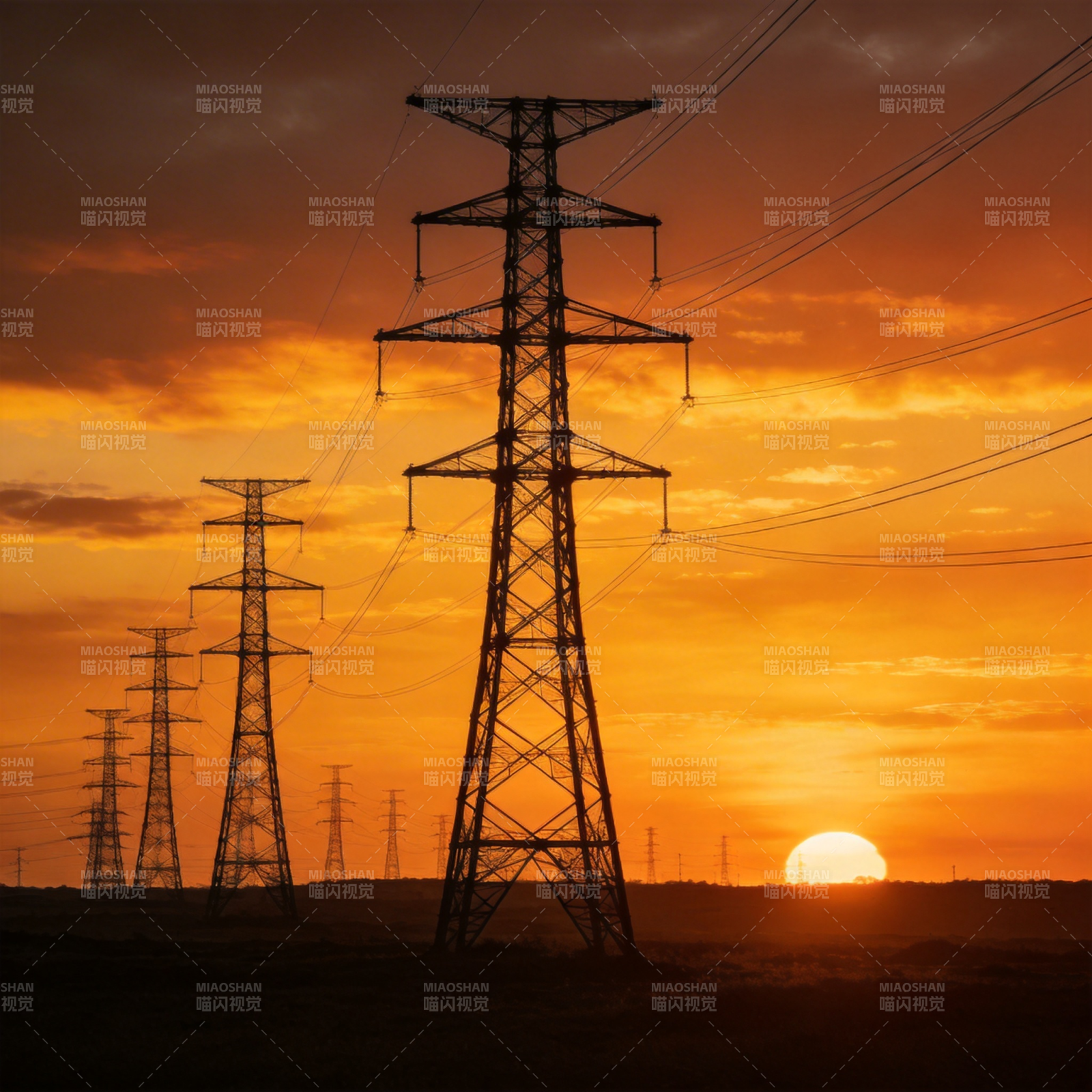夕阳下的电力塔图片