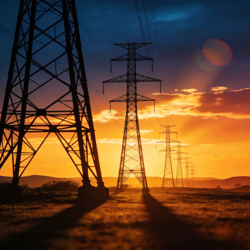 夕阳下的电塔剪影图片