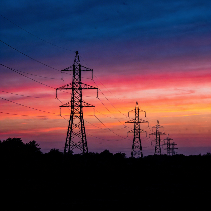 电塔剪影映晚霞图片