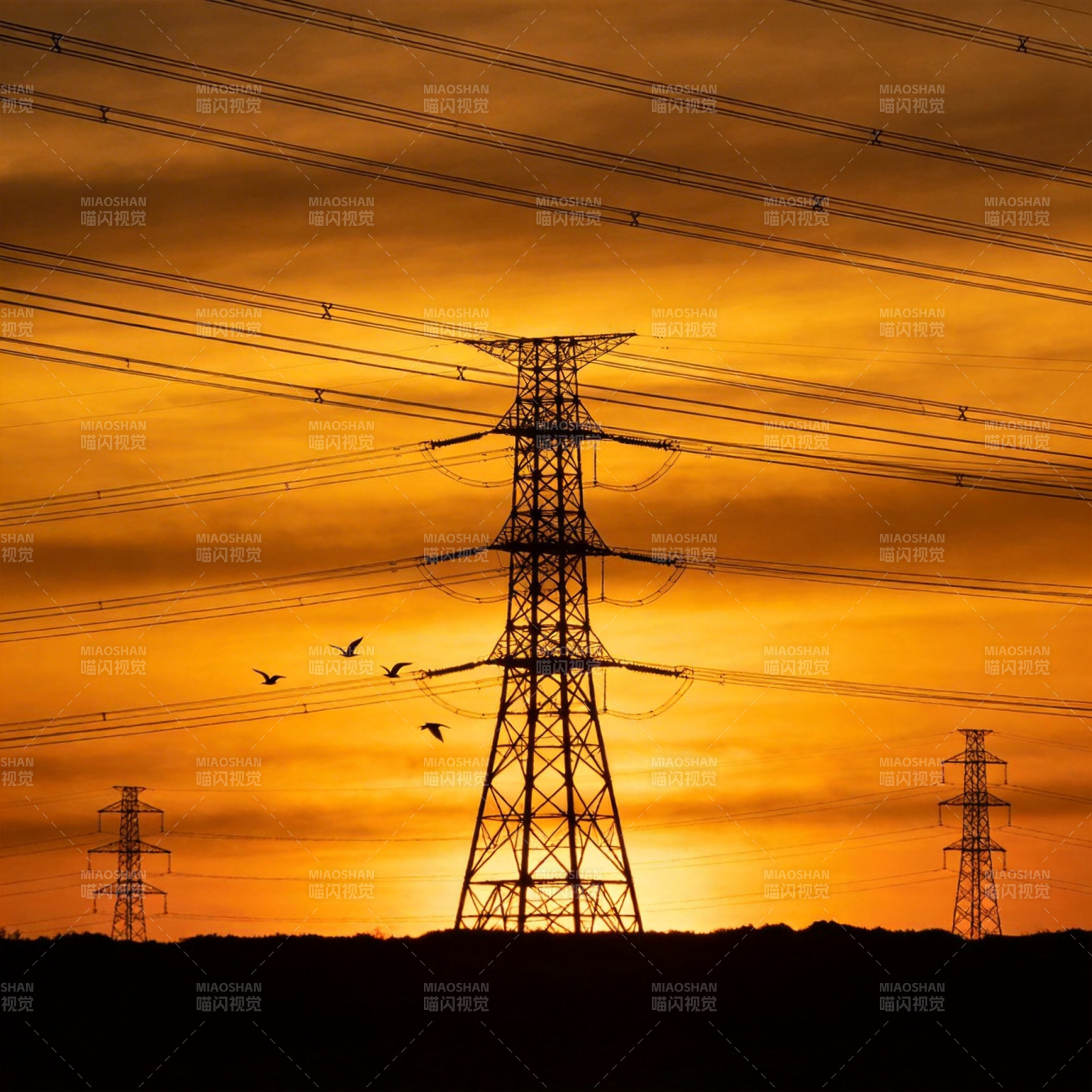 夕阳下的电力塔图片