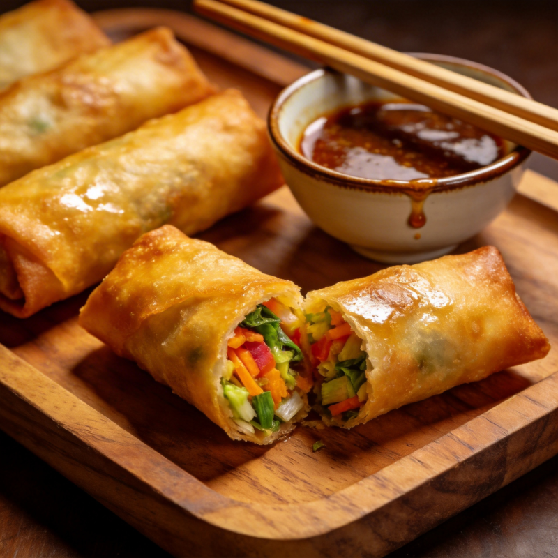 金黄春卷配酱料图片