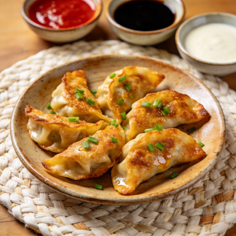 金黄煎饺配三酱图片