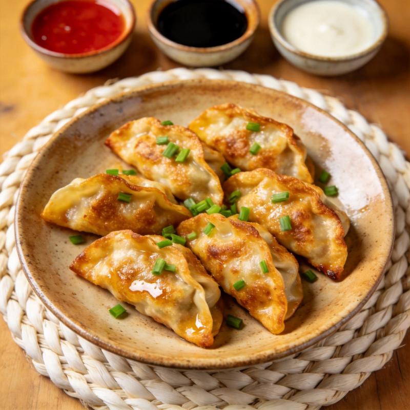 金黄煎饺配三酱图片