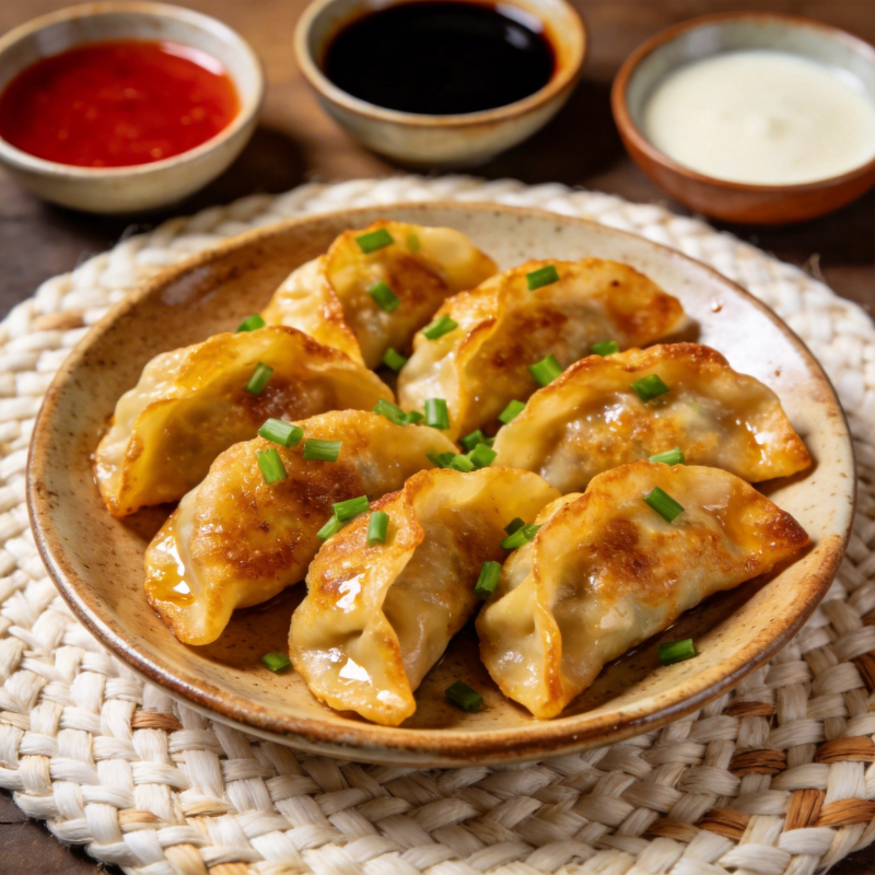 金黄煎饺配三酱图片