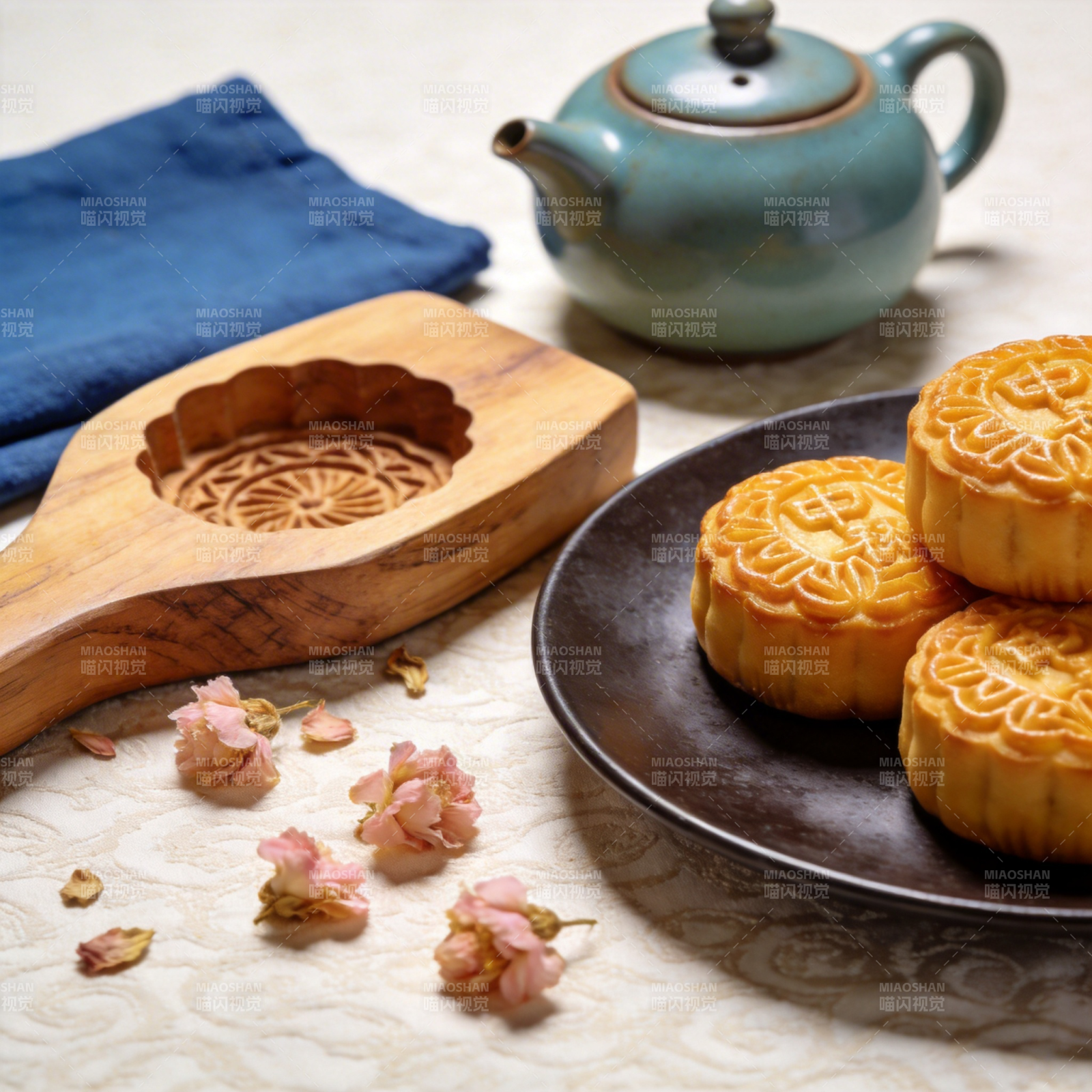 中秋月饼与茶具图片