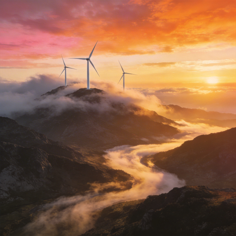 山巅风车迎日出图片