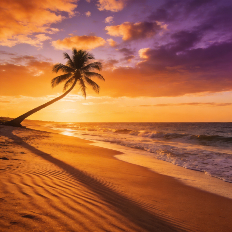 夕阳椰影海滩图片