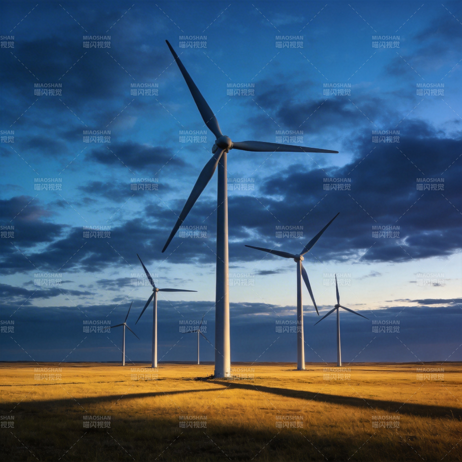 风车矗立草原夜空图片