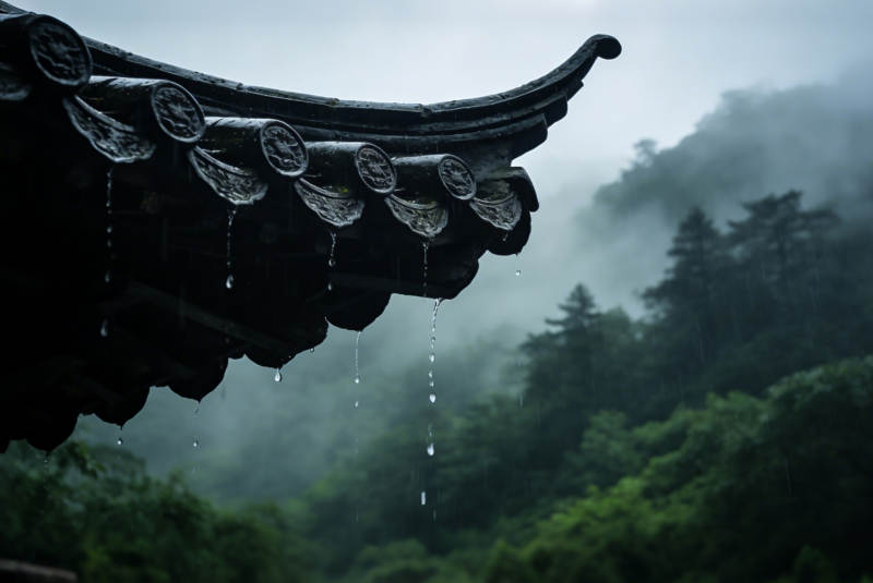 雨落古檐 山雾缭绕图片