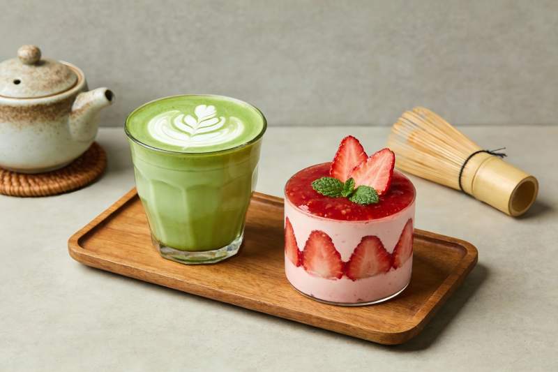 抹茶饮品与草莓甜品摆盘图片