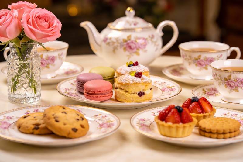 精致下午茶点心与茶具摆盘图片
